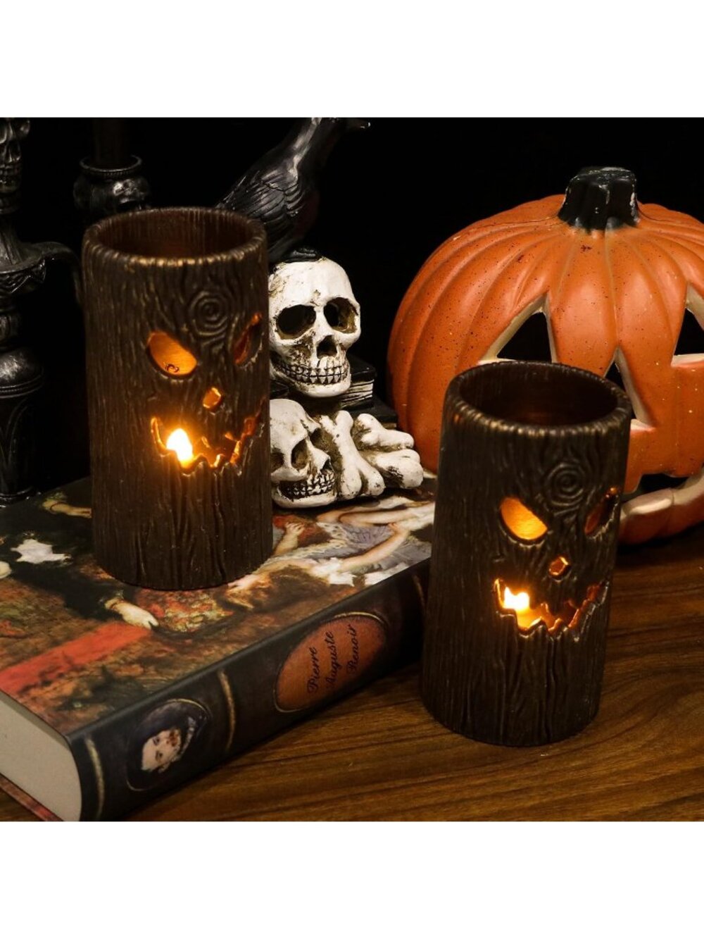 2PCS Halloween Ghost Tree Carved Flameless Pillar Candles Real Wax 6H Timer - Picture 4 of 7